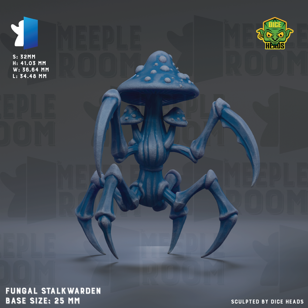 a detailed 3D rendering of a blue mushroom-like creature with multiple arms and legs, resembling a stALKWARDEN or similar type of insect or parasite. The creature is shown in a dynamic pose, with its legs spread out and its arms reaching out. The creature is set against a dark background, which emphasizes its vibrant blue color. The image is described as a "Fungal Stalkwarden Base Size: 25mm" and is credited to "Sculpted by Dice Heads".