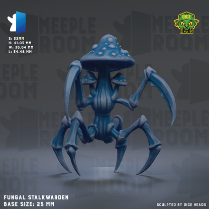a detailed 3D rendering of a blue mushroom-like creature with multiple arms and legs, resembling a stALKWARDEN or similar type of insect or parasite. The creature is shown in a dynamic pose, with its legs spread out and its arms reaching out. The creature is set against a dark background, which emphasizes its vibrant blue color. The image is described as a "Fungal Stalkwarden Base Size: 25mm" and is credited to "Sculpted by Dice Heads".