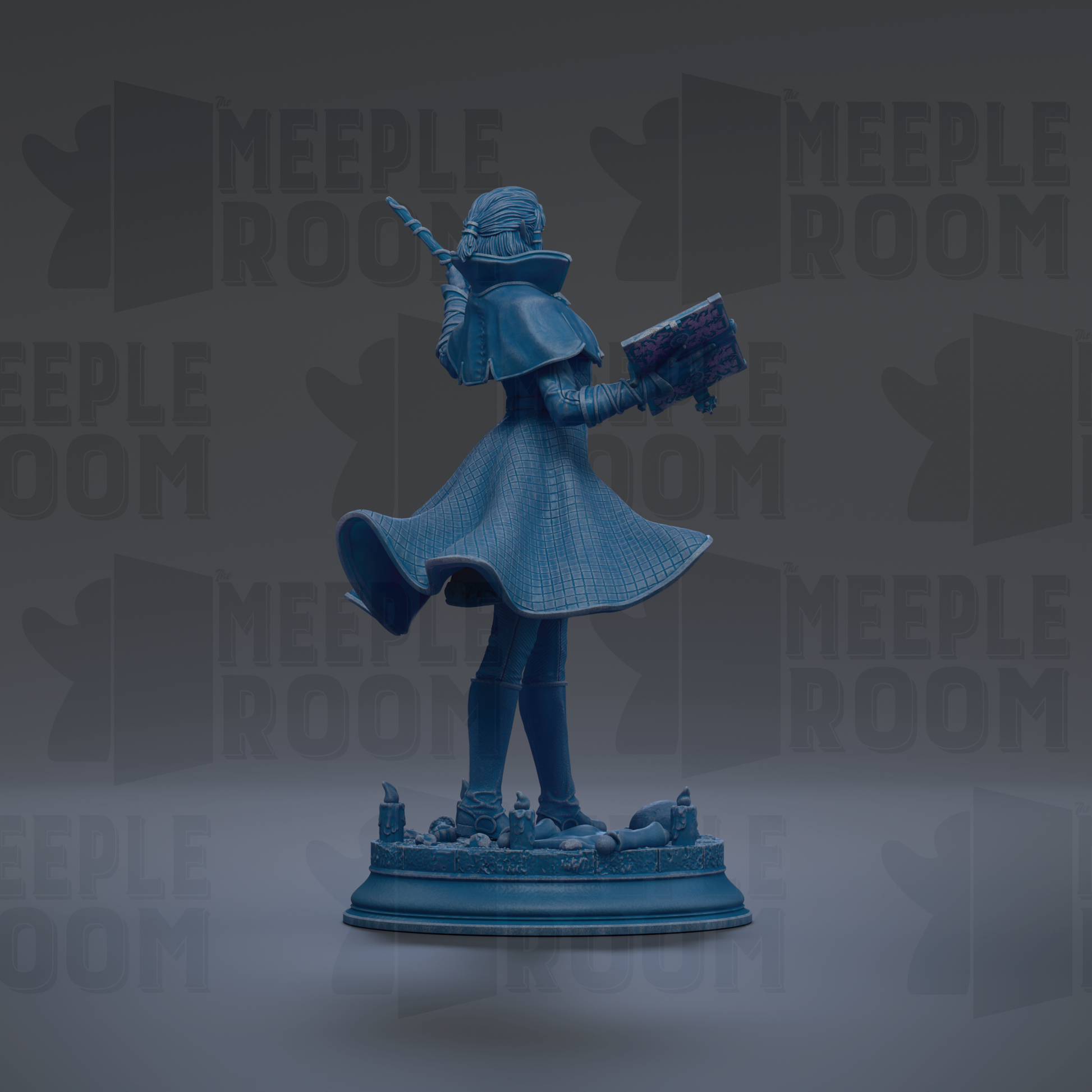A blue statue of a person holding a book and standing on a pedestal against a dark background with repeated text.