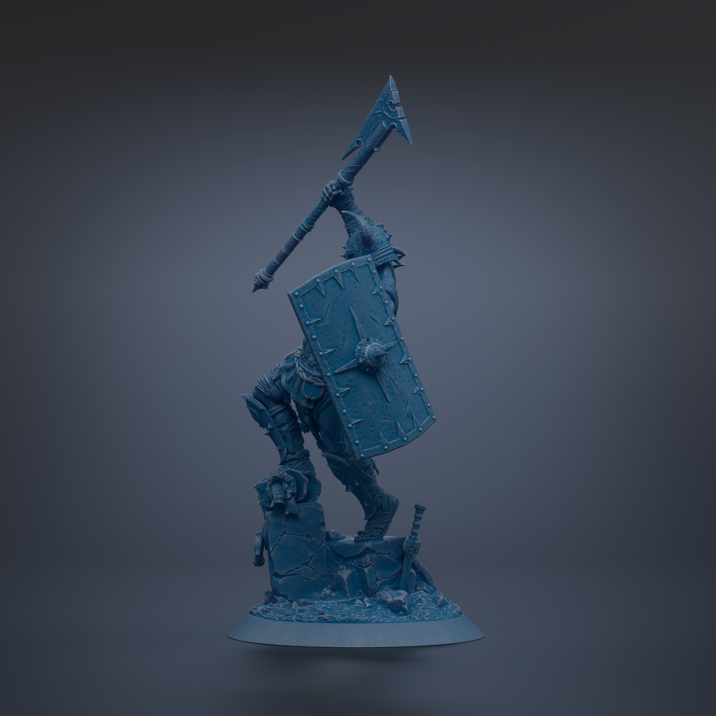 A blue, 3D-rendered statue of a warrior figure holding a shield and sword, standing on a base and facing to the right.