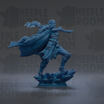 A blue figurine of a person with a flowing cape and a sword, standing on a platform with spikes, against a dark background with repeated text.