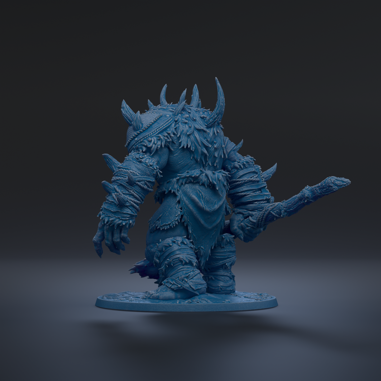 A 3D rendering of a blue armored figure with spikes and a sword, standing on a platform against a dark background.