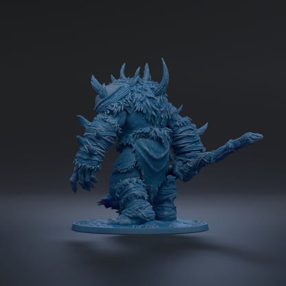 A 3D rendering of a blue armored figure with spikes and a sword, standing on a platform against a dark background.