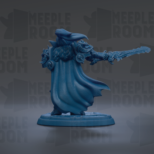 A blue figurine of a warrior wielding a sword and shield, standing on a base.