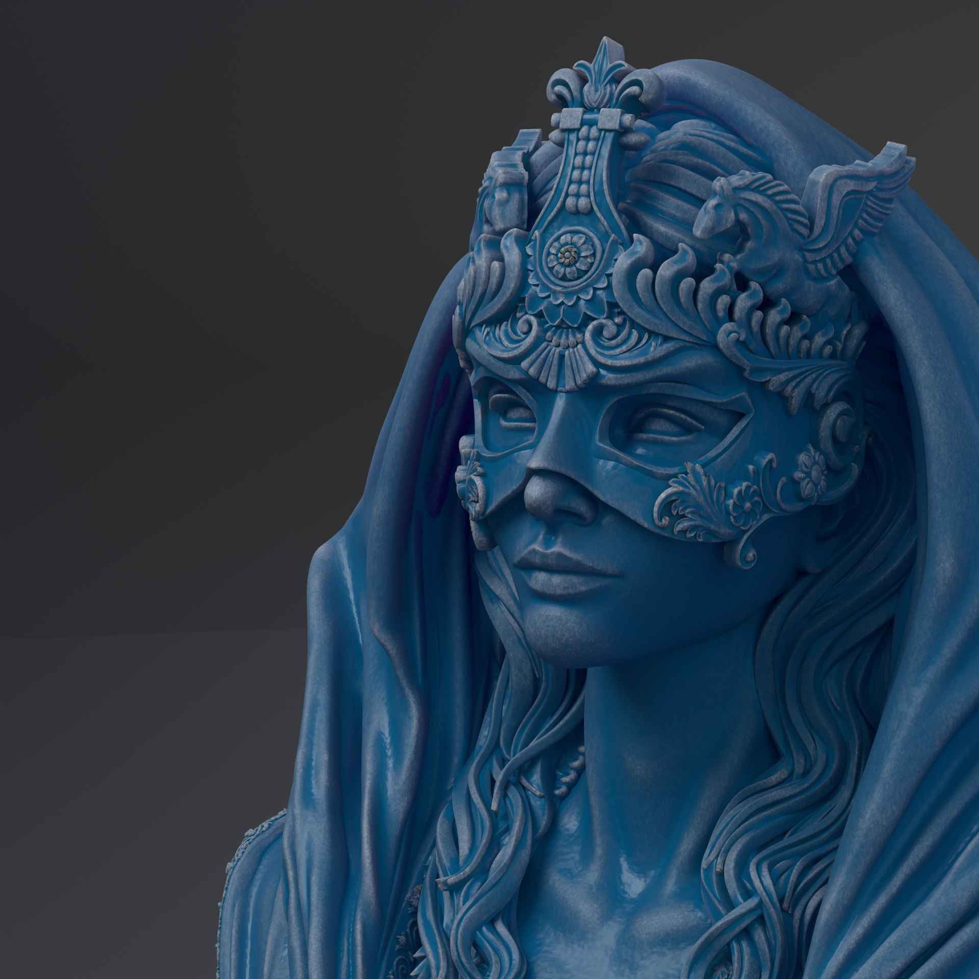 A close-up of a blue, ornate statue depicting a woman with intricate, decorative headdress and mask.