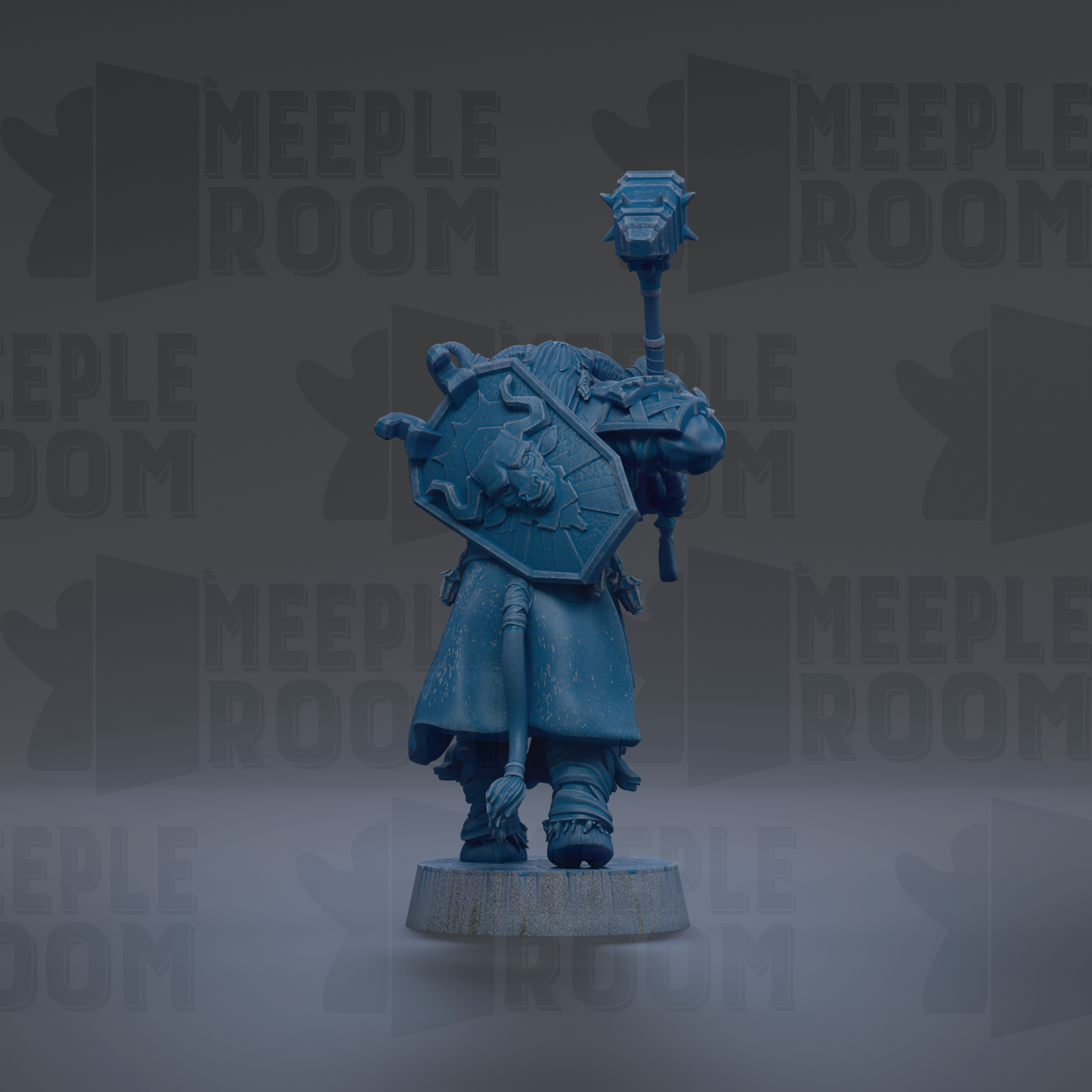 A blue figurine of a character holding a shield and a sword, standing on a pedestal against a dark background with repeated text.