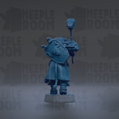 A blue figurine of a character holding a shield and a sword, standing on a pedestal against a dark background with repeated text.