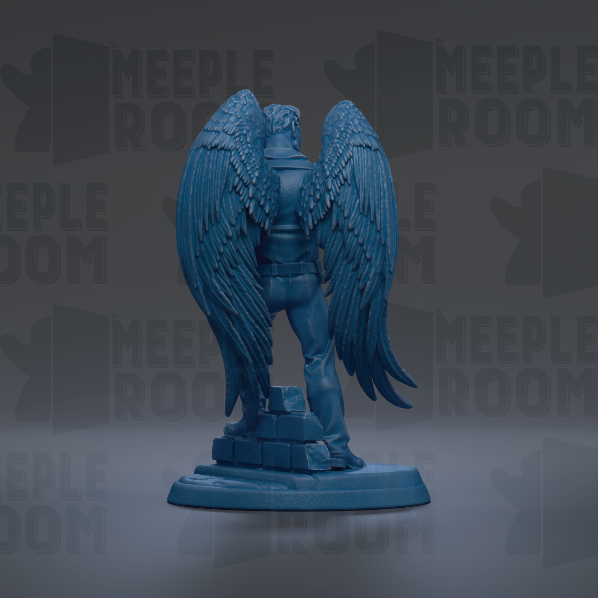A blue statue of a winged figure with outstretched wings, standing on a pedestal.