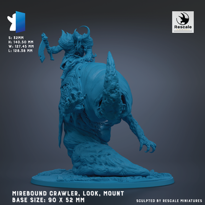 The image is a detailed miniature of a Mirebound Crawler, a fantasy creature from the video game series "The Legend of Zelda: Skyward Sword". The sculpture depicts the Mirebound Crawler in a crouched position, with its head lowered and a sword in hand. The base of the sculpture is a large, curved shape, and the base sizes are 90 mm and 52 mm. The sculpture is sculpted by Rescale miniatures, as indicated by the text at the bottom of the image.