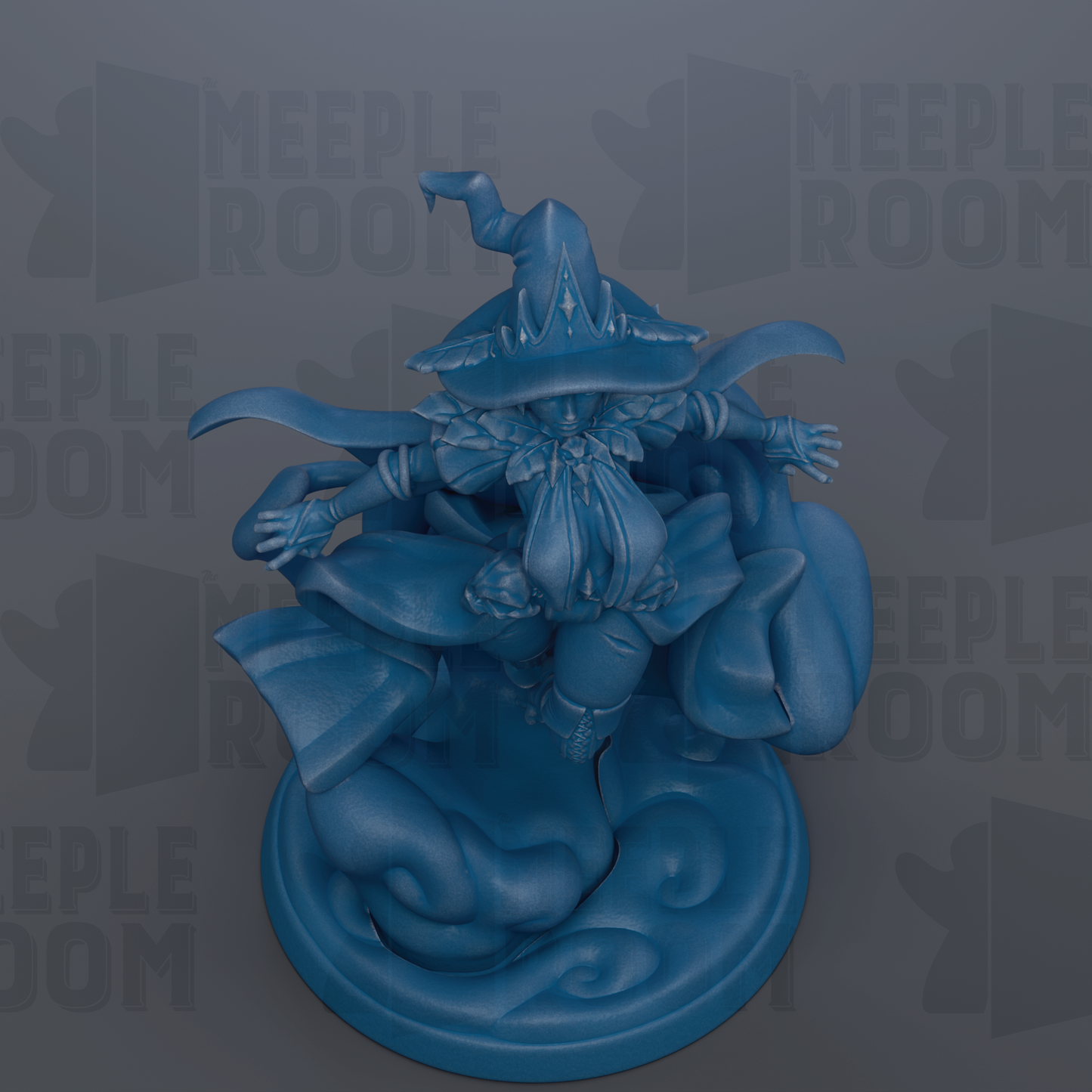A blue, 3D-rendered fantasy character with a pointed hat and flowing robes, standing on a base.