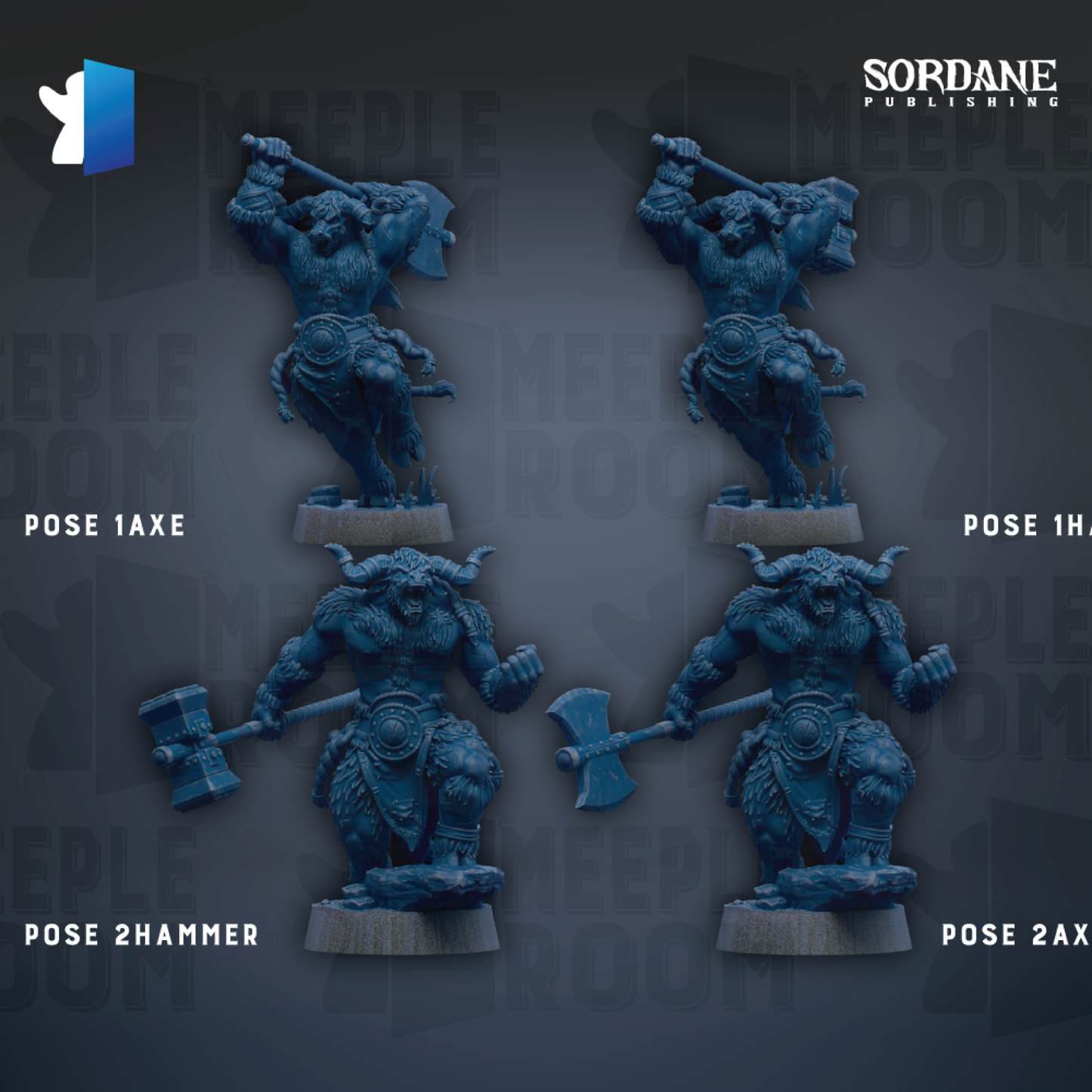 four figurines of muscular, horned creatures, each holding a hammer and standing on a platform. The figurines are arranged in a grid-like pattern, with each one positioned next to its corresponding hammer. The background of the image is dark, providing a stark contrast to the figurines and making them stand out prominently.