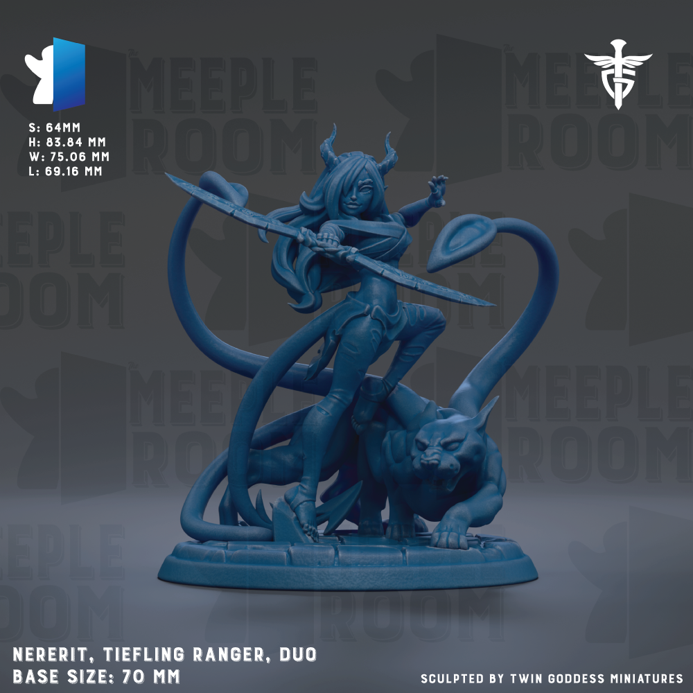 The image is a 3D rendering of a female character, the Nerverrit, a Tiefling Ranger, with a large sword in her hand. The character is depicted in a dynamic pose, with her hair flowing and her body twisted. The image is set against a dark background, which emphasizes the character and her actions. The image is described as a "base size: 70 mm" and is "sculpted by TWIN GODESS MINIATURES".