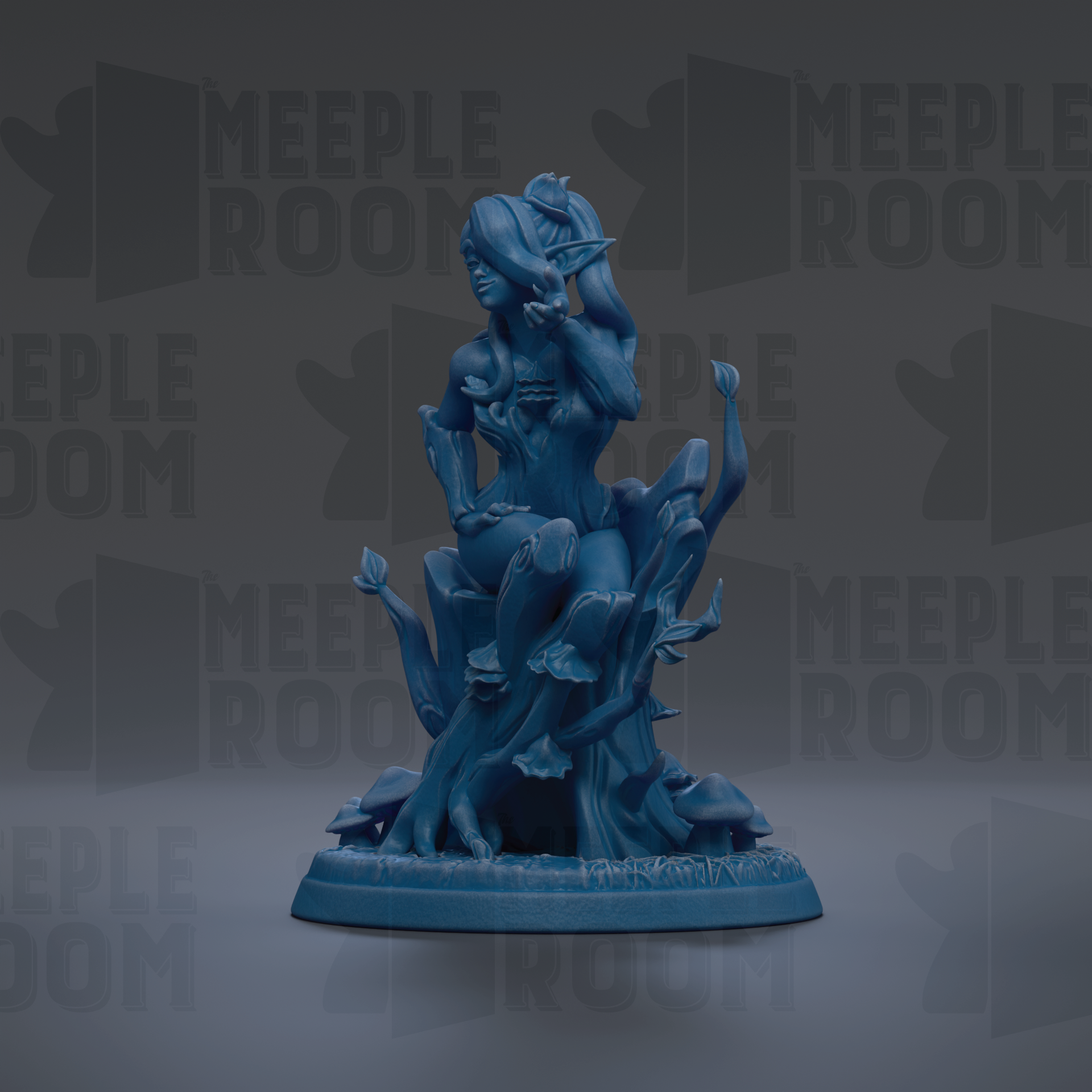 A blue figurine of a woman sitting on a tree stump, surrounded by various other figurines, against a dark background with repeated text.