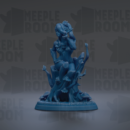 A blue figurine of a woman sitting on a tree stump, surrounded by various other figurines, against a dark background with repeated text.