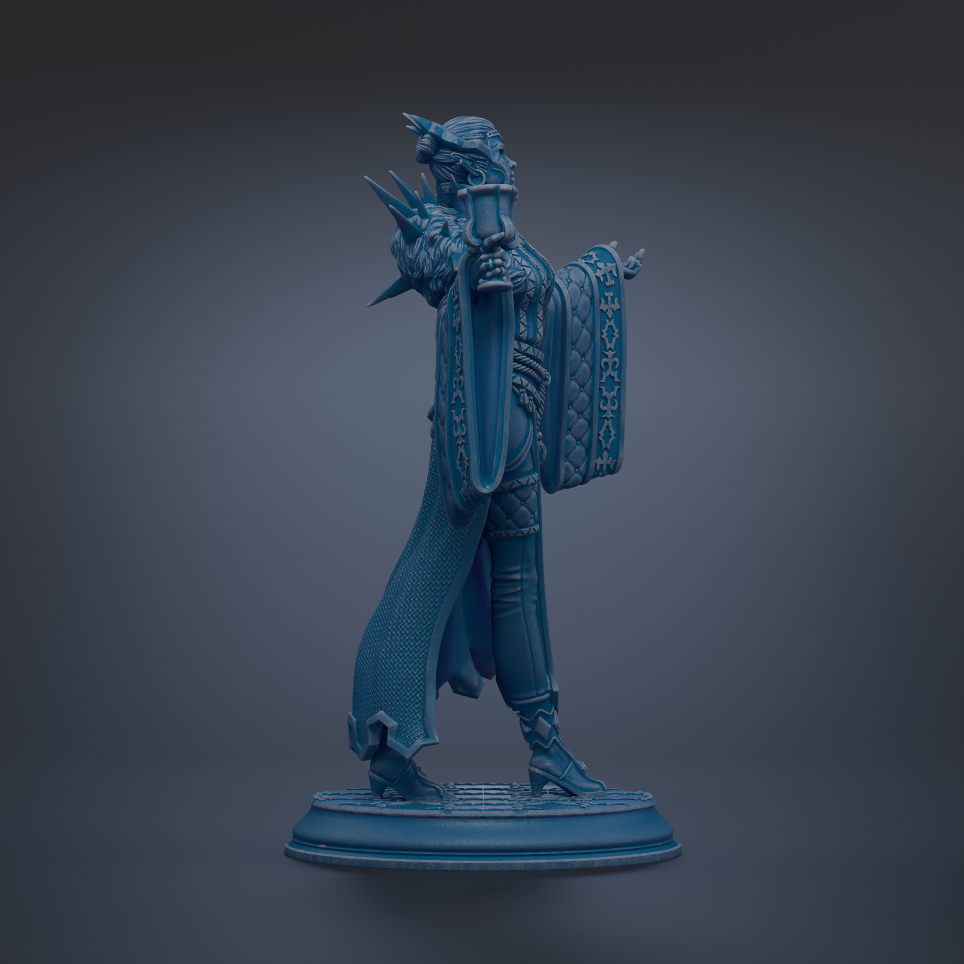 A blue statue of a person standing on a platform.