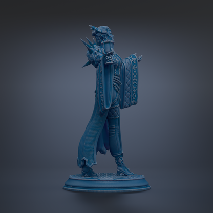 A blue statue of a person standing on a platform.