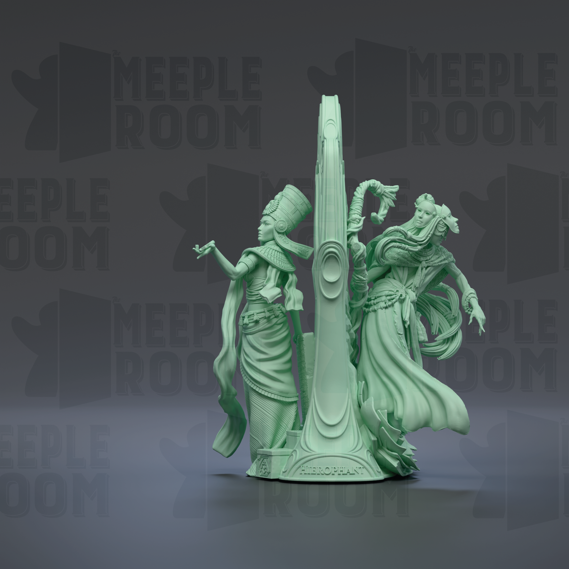 A 3D rendering of a statue depicting two figures, one with a headdress and the other with a flowing skirt, standing in front of a tall, ornate structure.