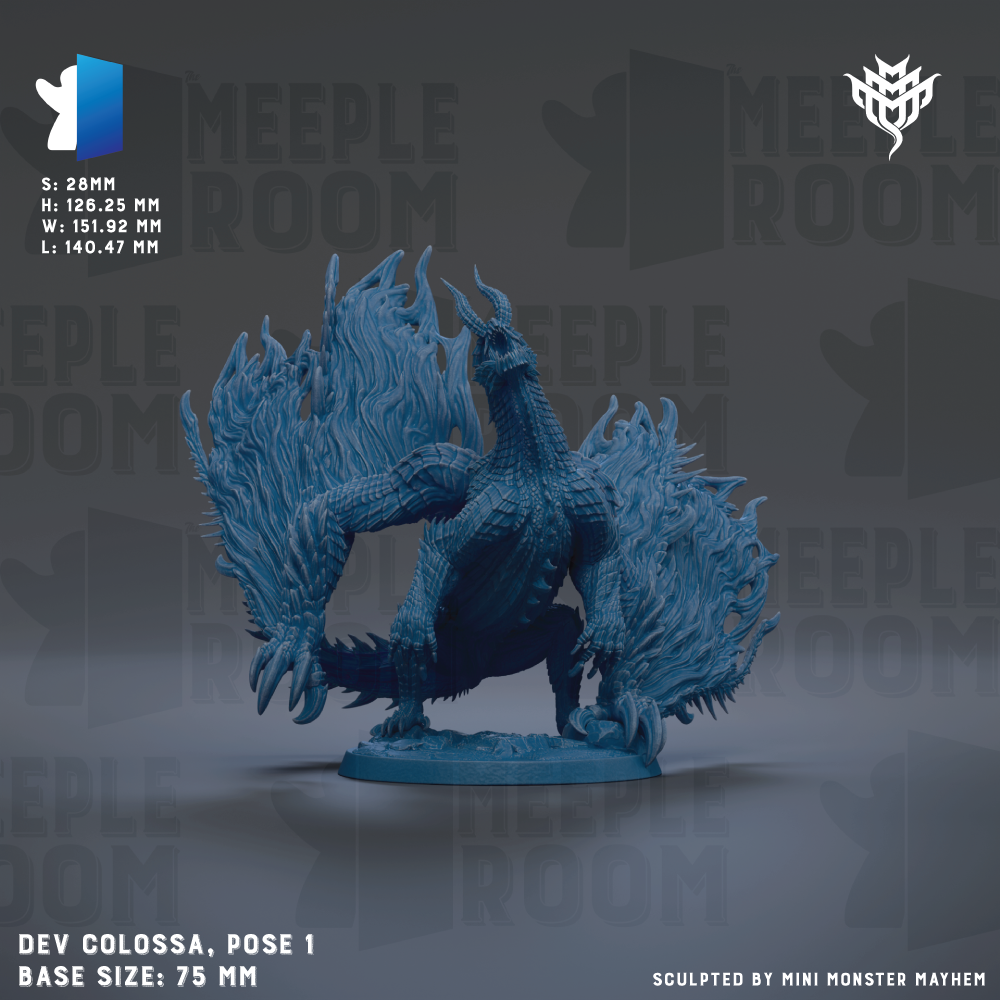 a detailed 3D model of a dragon-like creature, possibly a mythical or fantasy creature, with intricate details and a realistic pose. The base size of the model is 75 millimeters, and it is sculpted by Mini Monster Mayhem.
