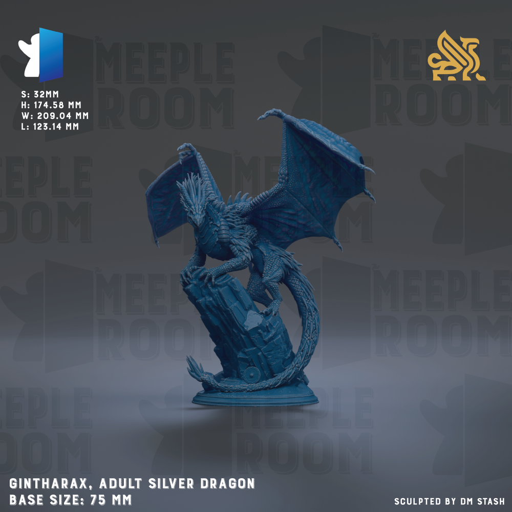 The image is a 3D rendering of a silver dragon statue, specifically a silver dragon, with wings spread wide. The dragon is standing on a rock and appears to be in a dynamic pose. The background of the image is a dark gray color, which contrasts with the silver of the dragon and the rock. The image is labeled with the text "Gintharax, Adult Silver Dragon Base Size: 75 MM" and "Sculpted by DM Stash".