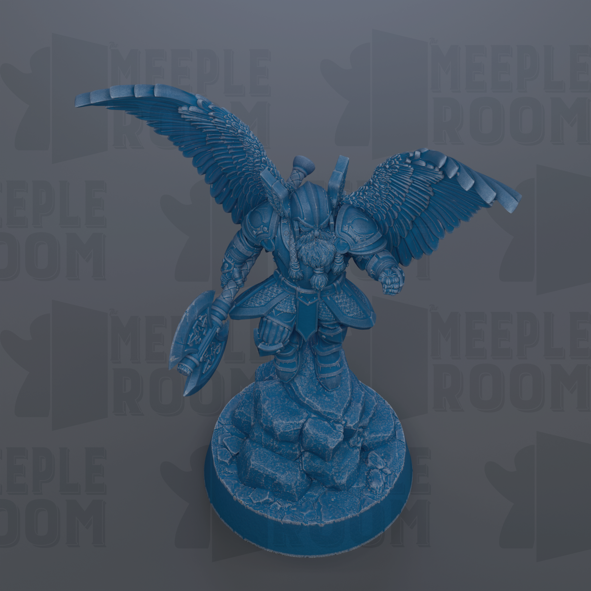 A blue figurine of a winged warrior standing on a rock base, holding a weapon.