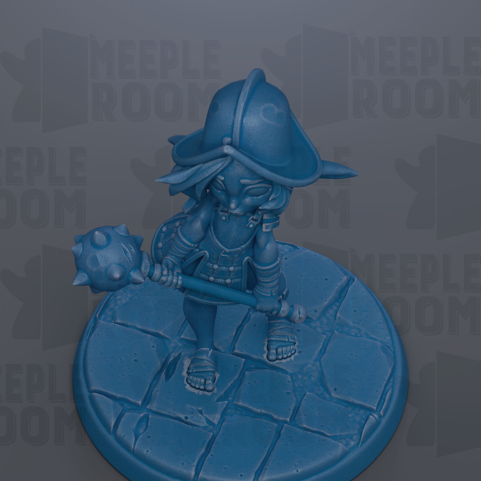 A blue figurine of a character holding a weapon and standing on a stone platform.