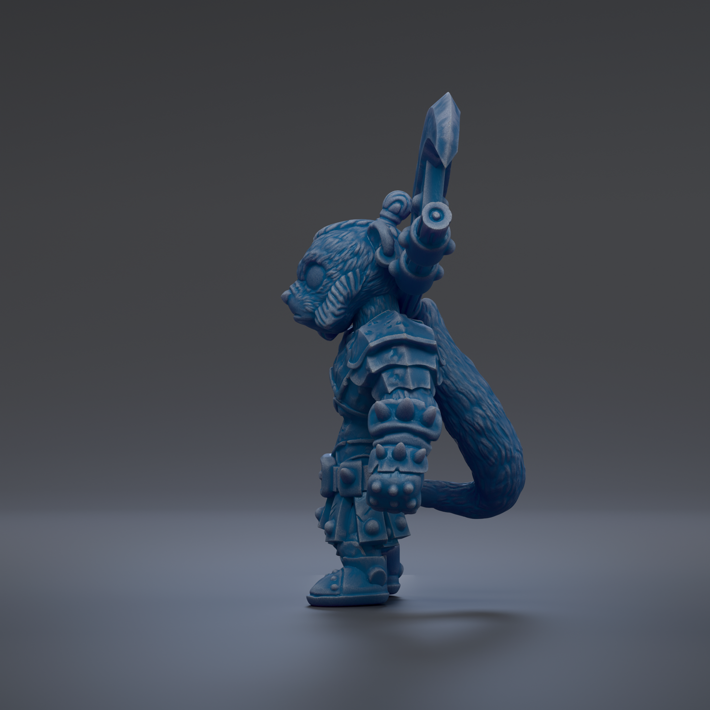 A blue, armored character stands in a dark environment, holding a weapon in its right hand.