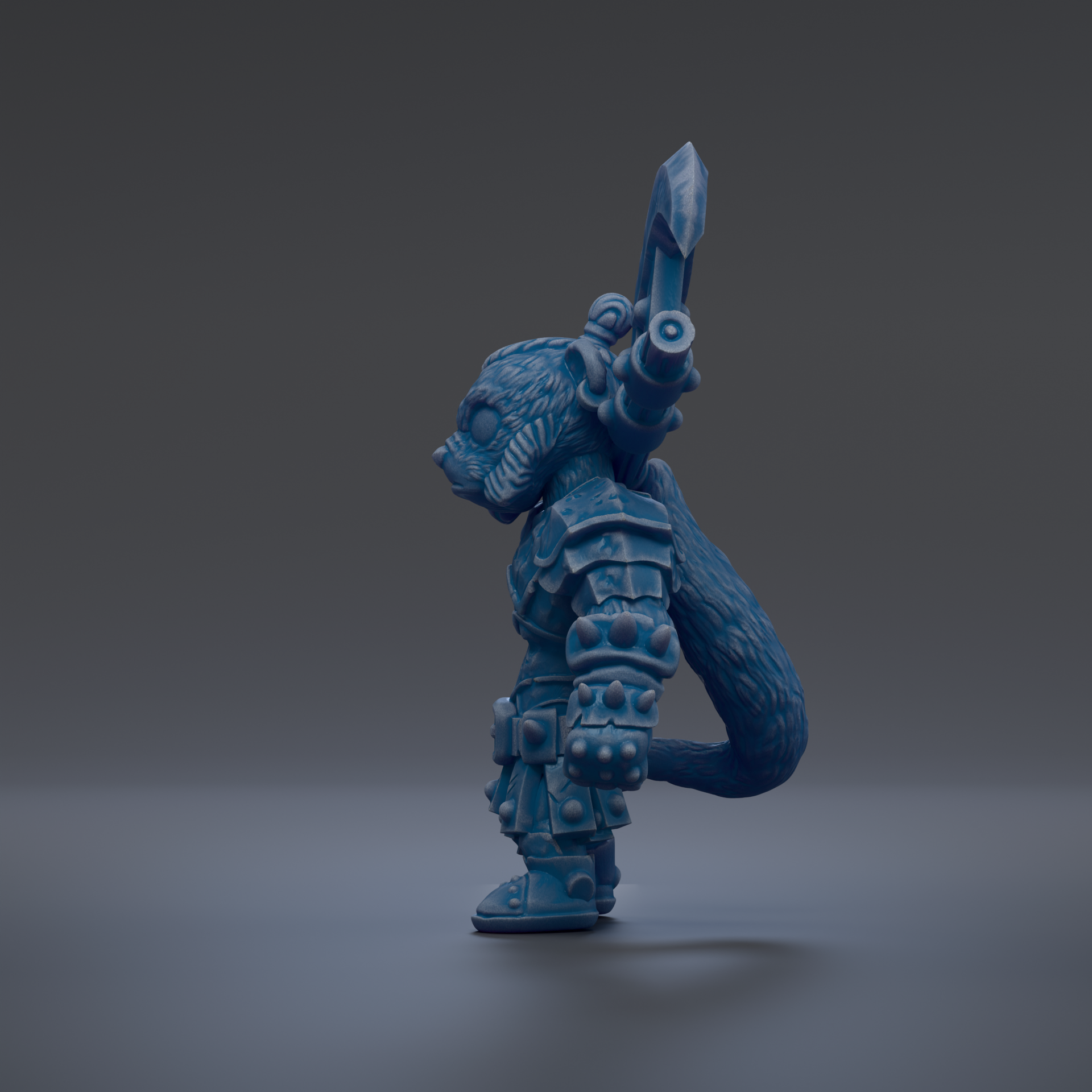 A blue, armored character stands in a dark environment, holding a weapon in its right hand.