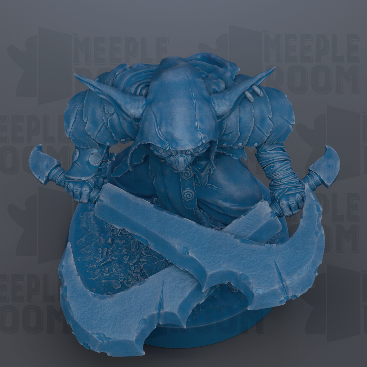 A blue, 3D-rendered fantasy creature with a pointed hat and a large weapon, possibly a sword or spear, is depicted in the image.