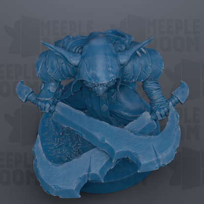 A blue, 3D-rendered fantasy creature with a pointed hat and a large weapon, possibly a sword or spear, is depicted in the image.