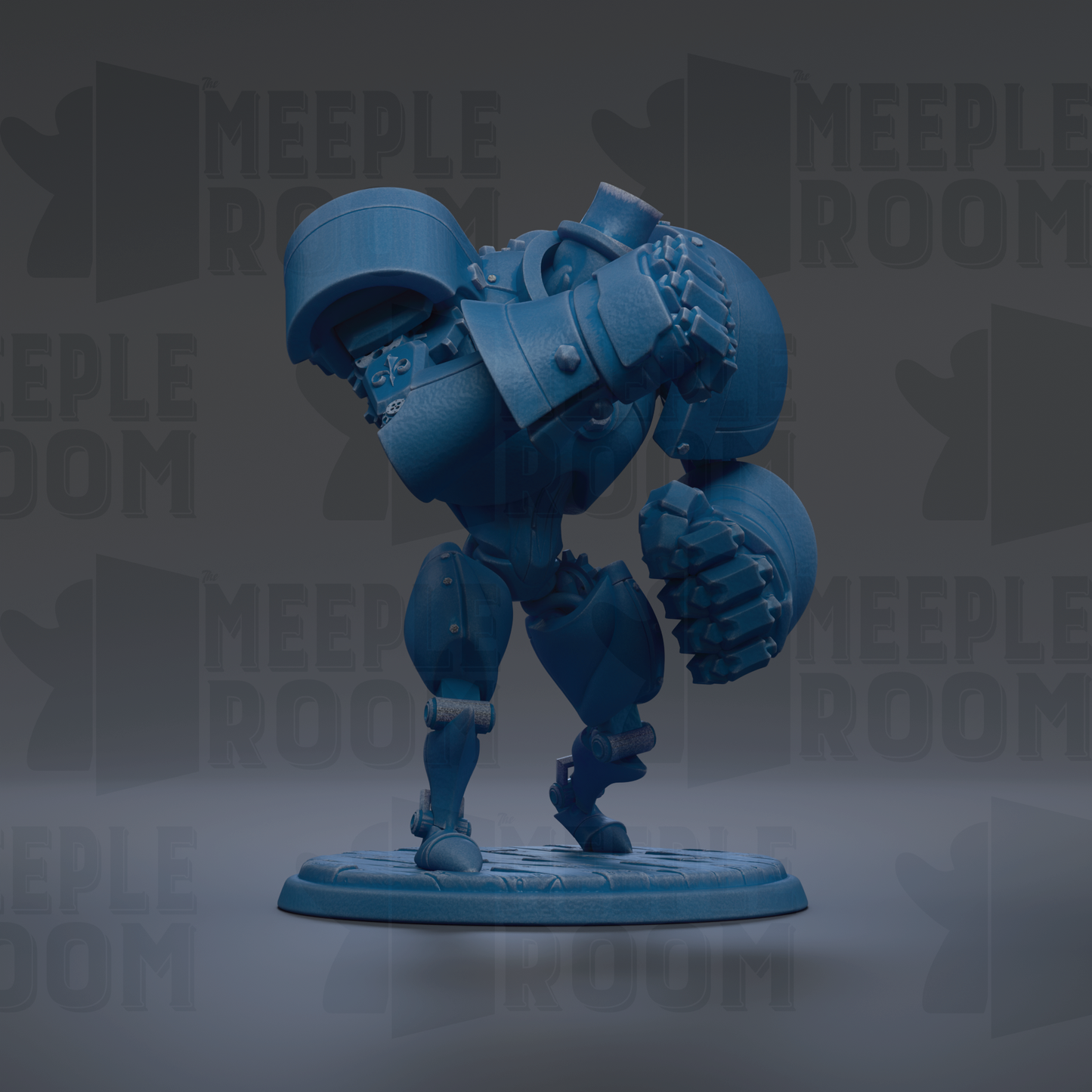 A blue, mechanical toy figure is standing on a platform against a dark background with repeated text.