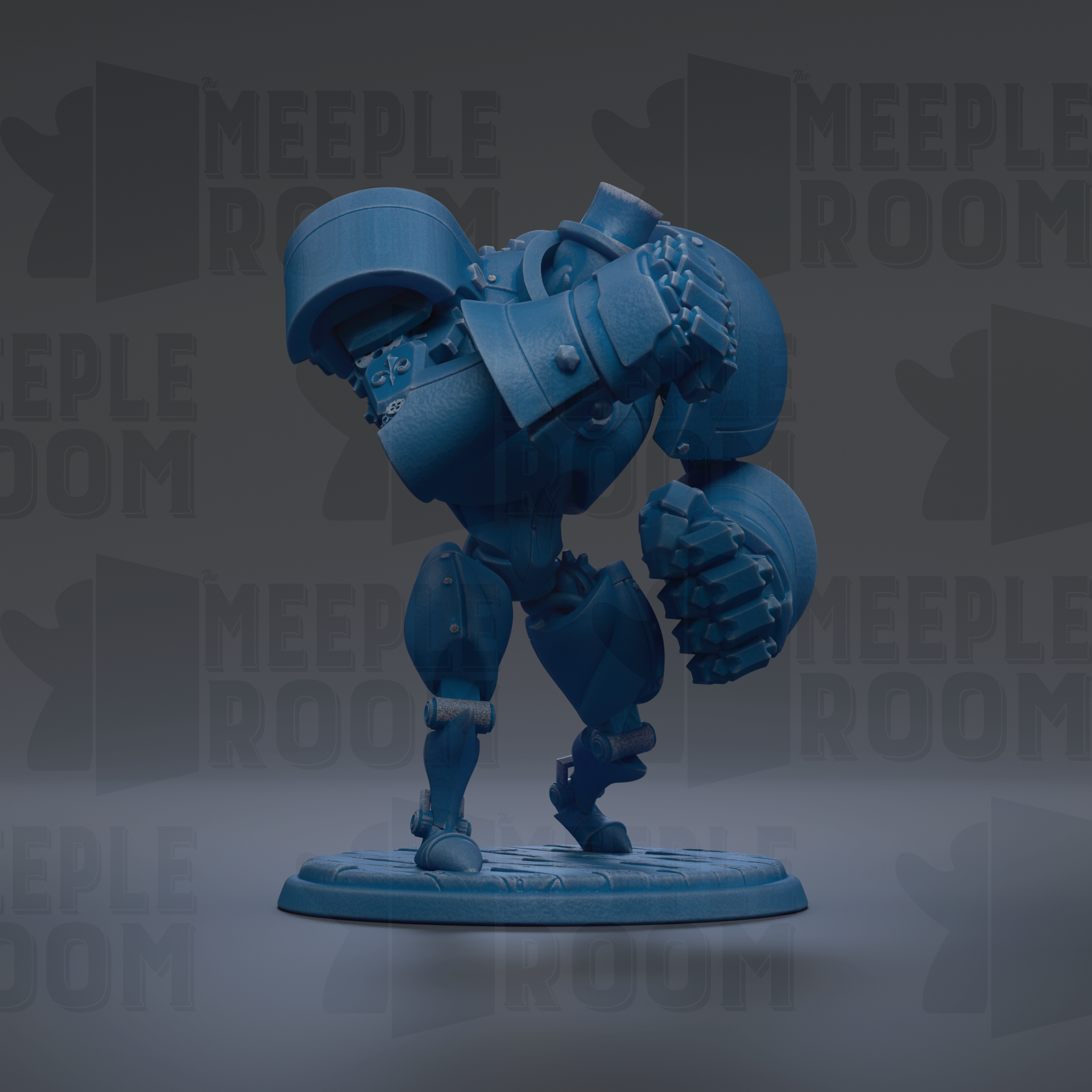 A blue, mechanical toy figure is standing on a platform against a dark background with repeated text.