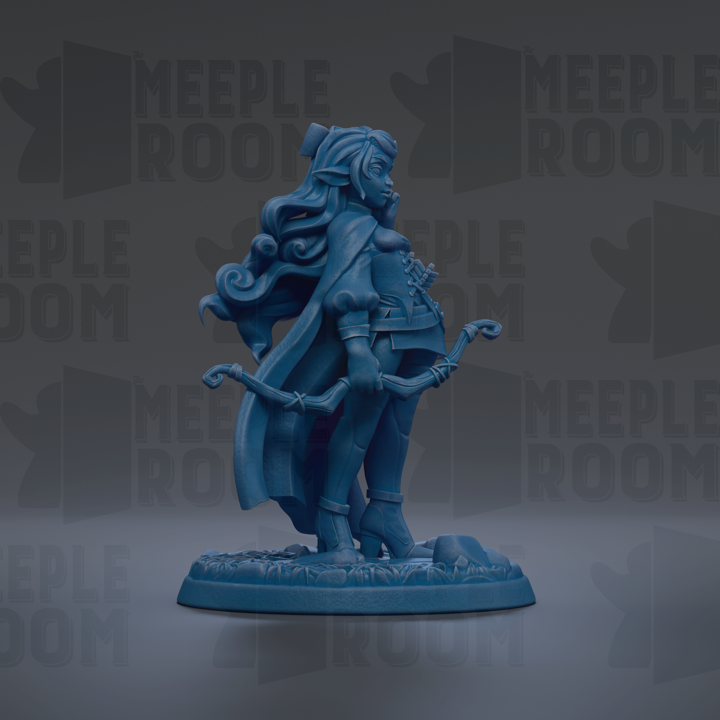 A blue figurine of a woman with long hair and a flowing cape, holding a bow and arrow, is the central focus of the image.