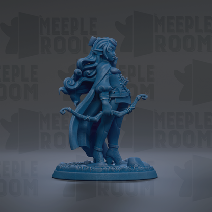 A blue figurine of a woman with long hair and a flowing cape, holding a bow and arrow, is the central focus of the image.