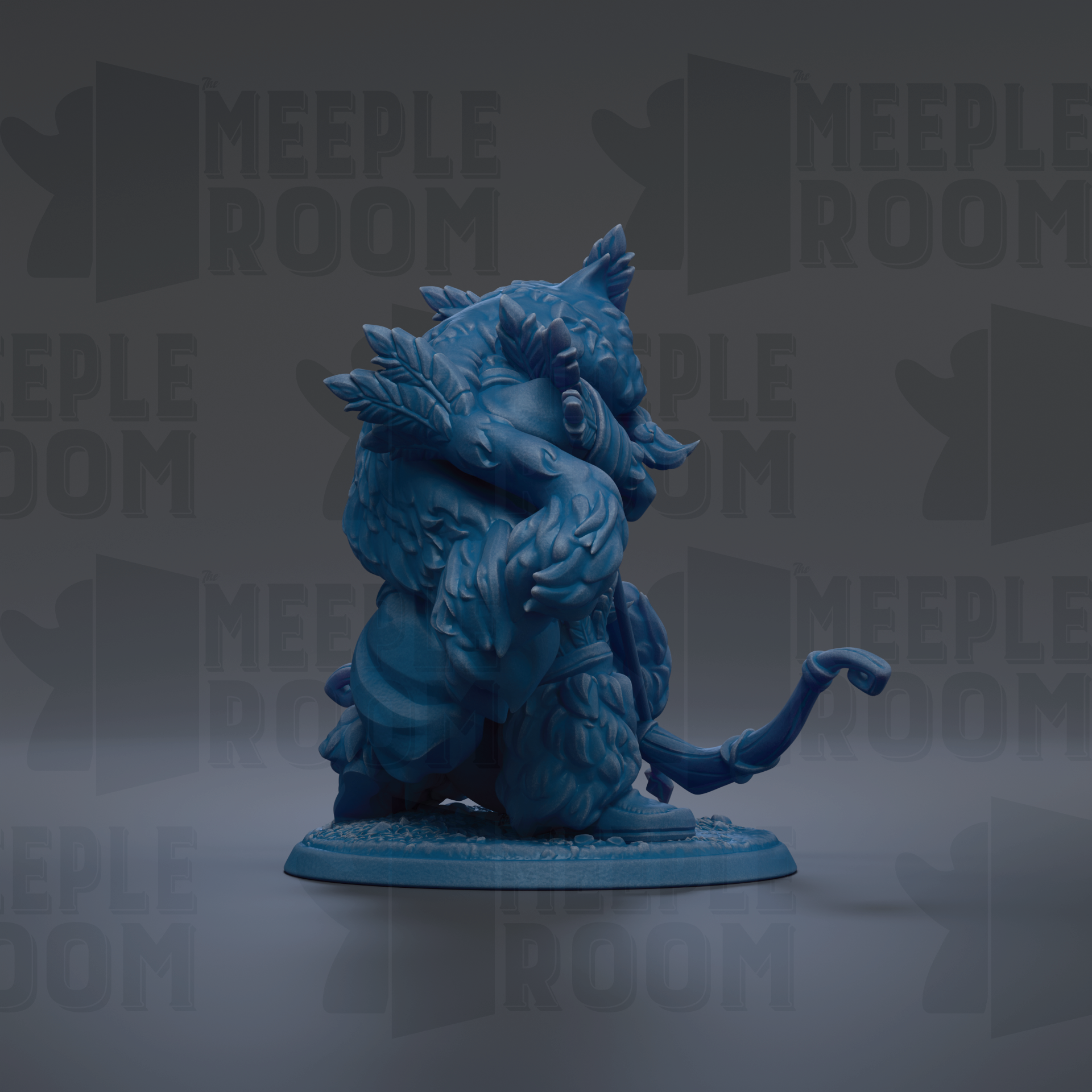 A blue figurine of a creature with a long, curved tail and sharp teeth, sitting on a base and facing away from the camera.