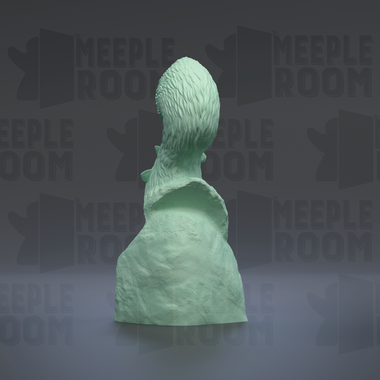 A green, textured sculpture of a bird or animal is displayed against a dark background with repeated text.