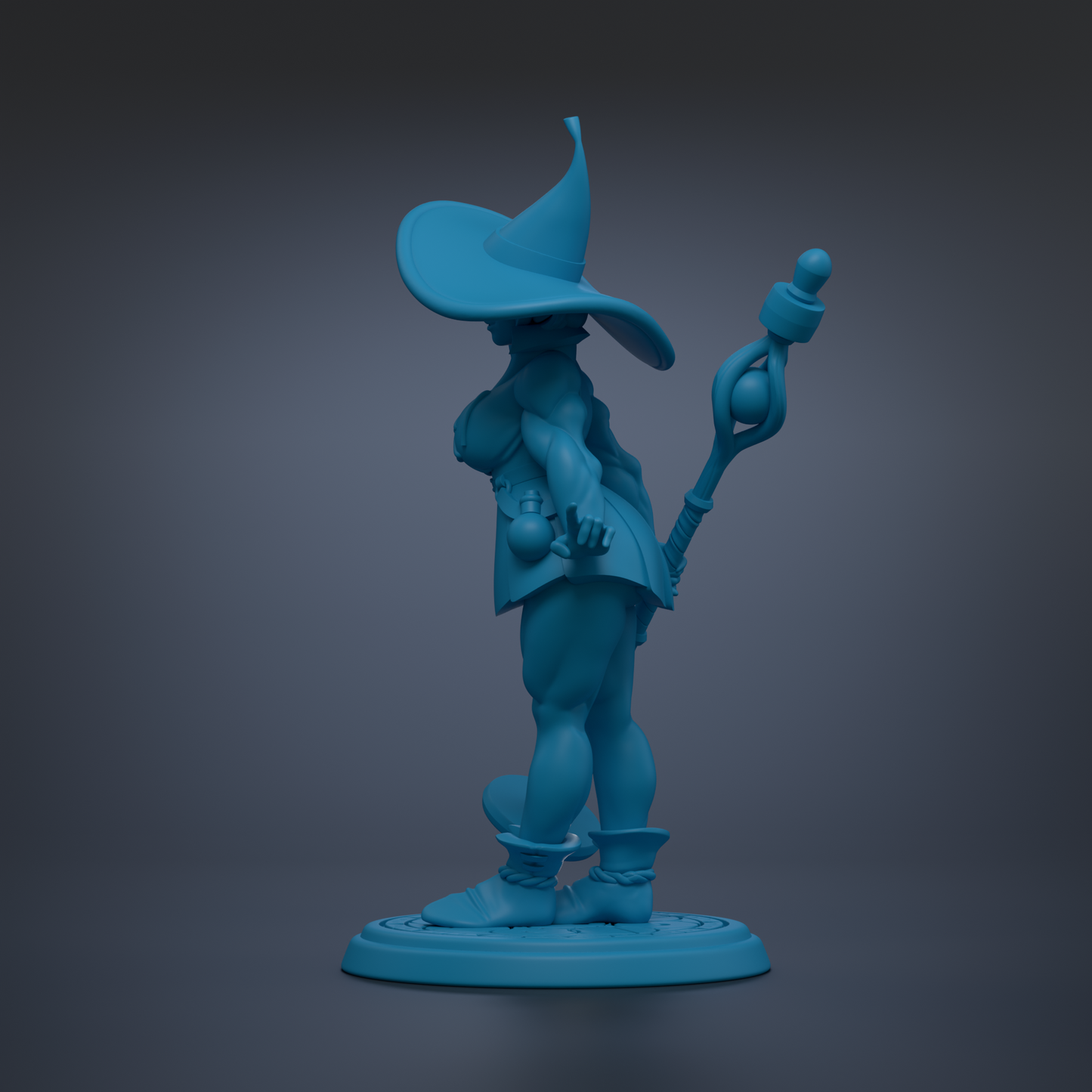 A blue figurine of a wizard or magical character standing on a platform.