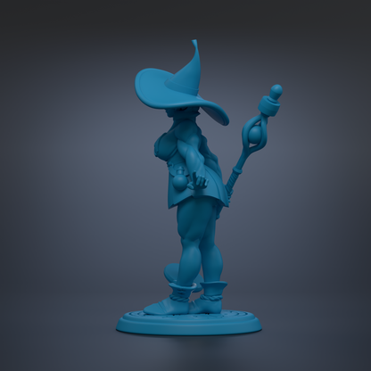 A blue figurine of a wizard or magical character standing on a platform.