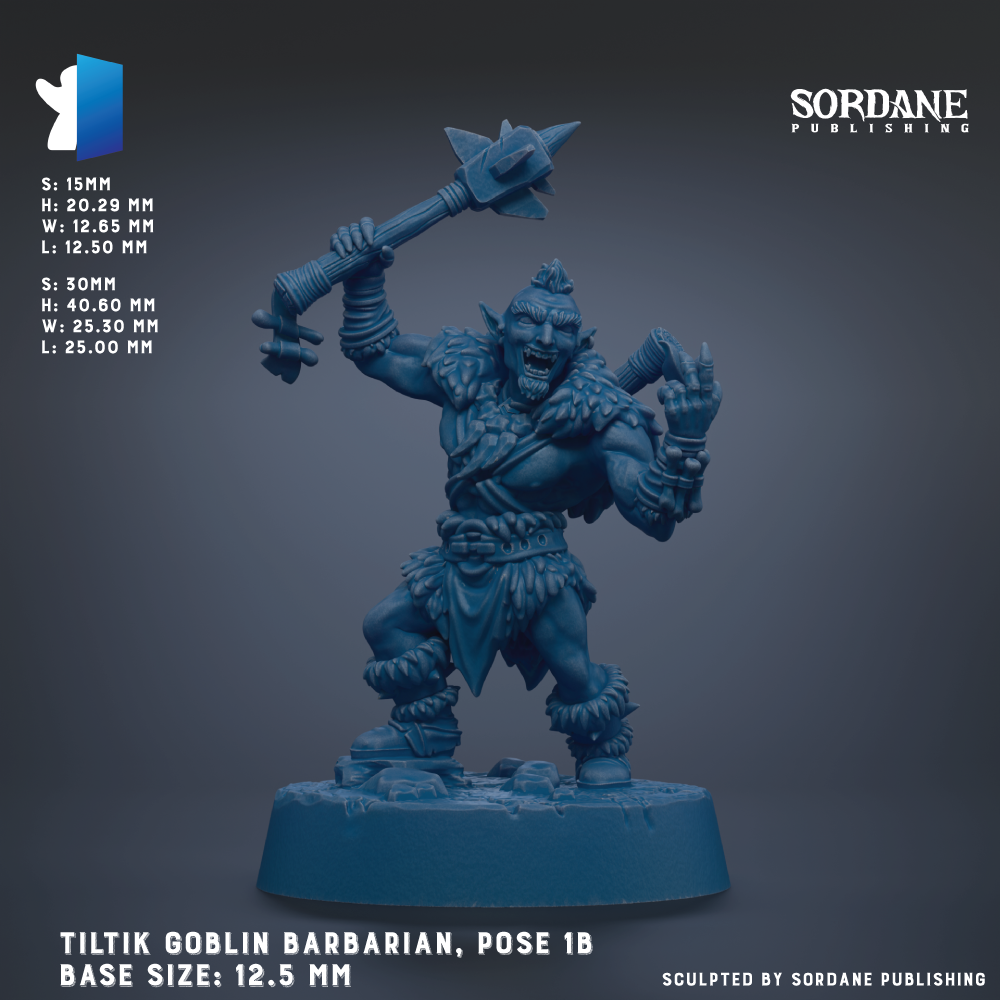 a blue figurine of a troll or barbarian, with a large weapon in its hand, standing on a base. The figurine is shown in a pose with its arms raised, and the base size is 12.5 mm.