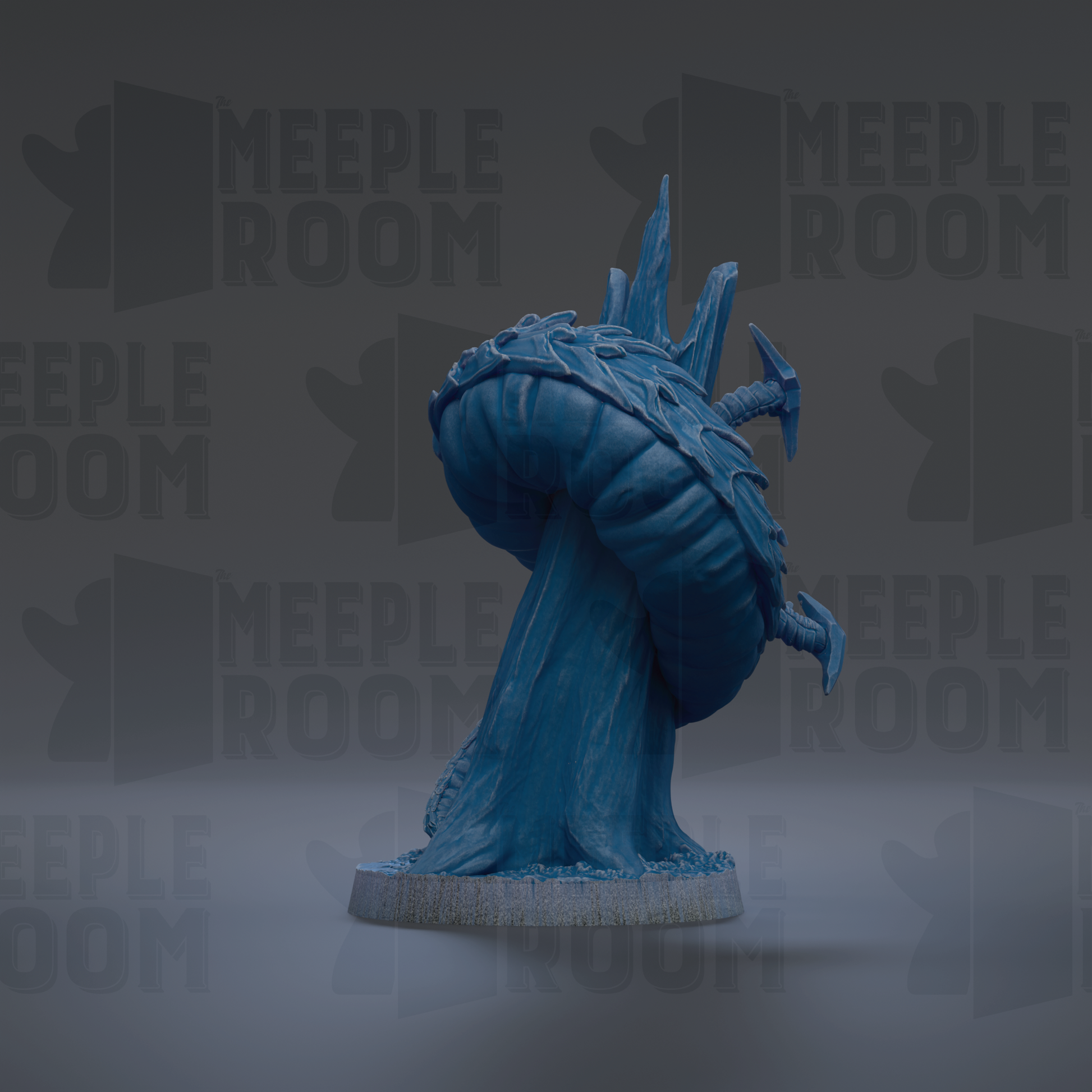 A blue mushroom-shaped figurine with a pointed top and a claw-like appendage is displayed against a dark background with repeated text.