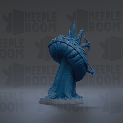 A blue mushroom-shaped figurine with a pointed top and a claw-like appendage is displayed against a dark background with repeated text.