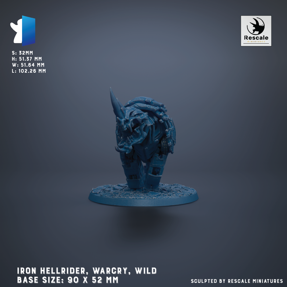 a 3D model of an Iron Hellrider, a Wild base model, with a base size of 90 x 52 mm.