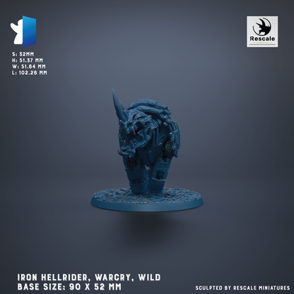 a 3D model of an Iron Hellrider, a Wild base model, with a base size of 90 x 52 mm.