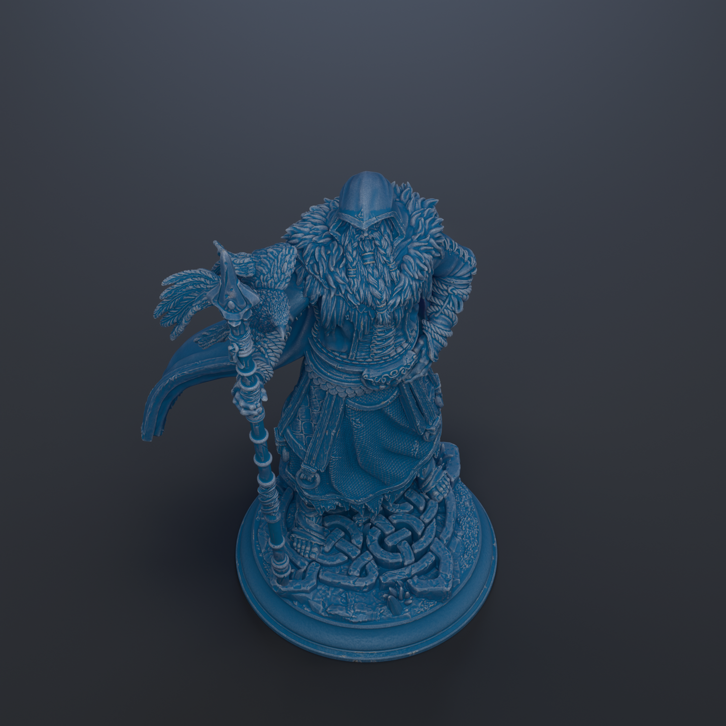 A detailed 3D rendering of a blue, ornate statue depicting a bearded figure holding a staff and standing on a circular base with intricate designs.