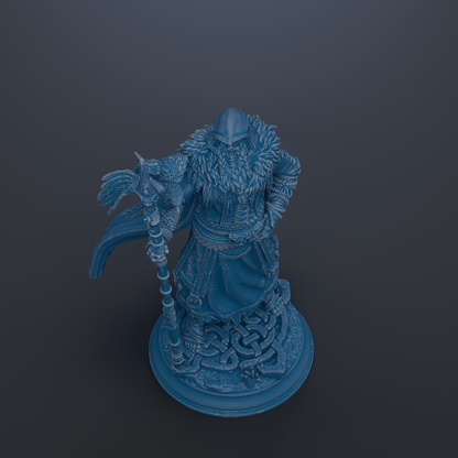 A detailed 3D rendering of a blue, ornate statue depicting a bearded figure holding a staff and standing on a circular base with intricate designs.