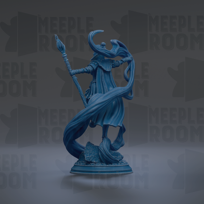 A blue statue of a figure holding a staff and standing on a pedestal against a dark background with repeated text.