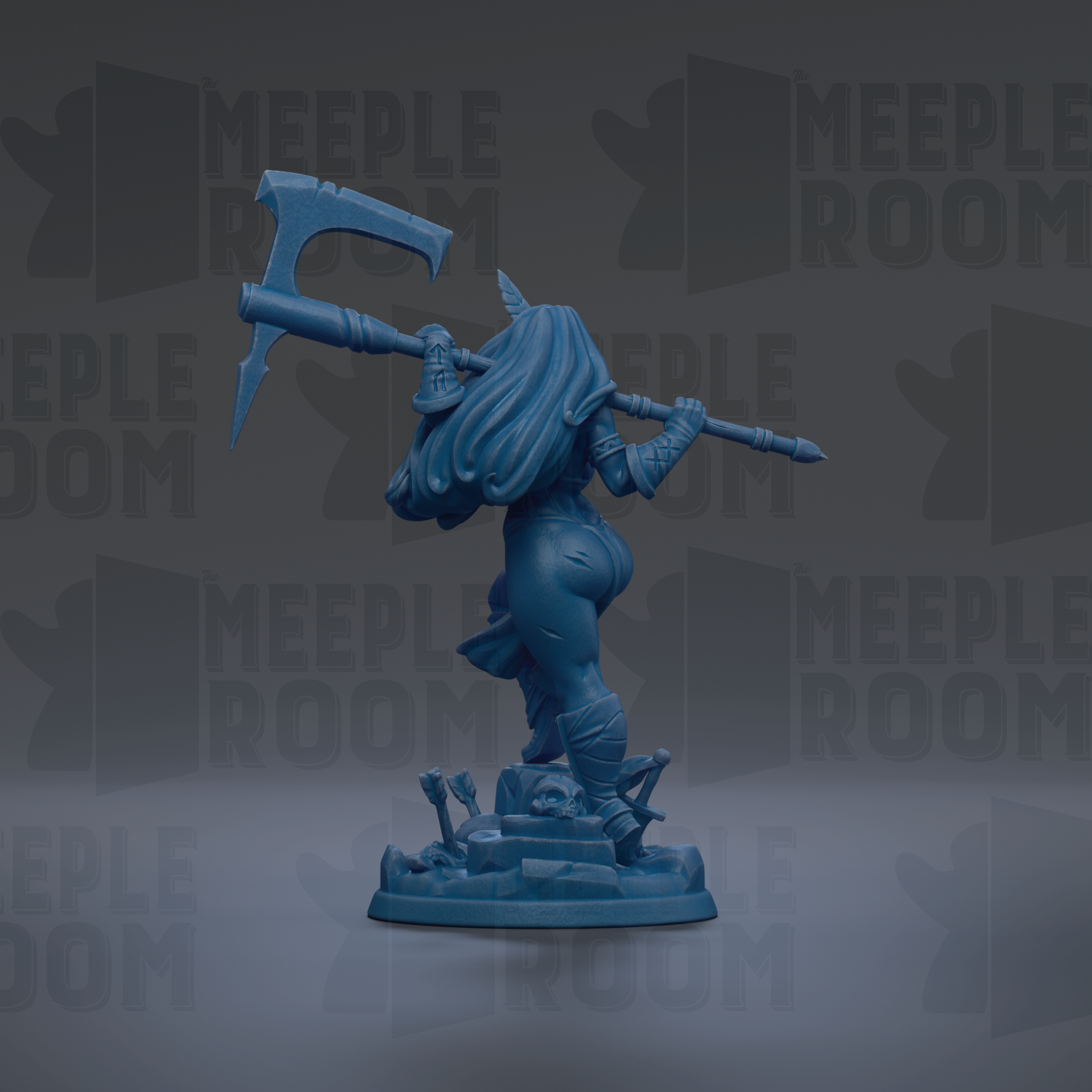 A blue figurine of a female character with long hair and a sword, standing on a base and holding a large weapon.