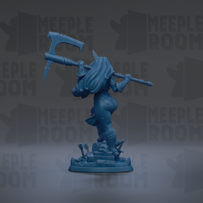 A blue figurine of a female character with long hair and a sword, standing on a base and holding a large weapon.