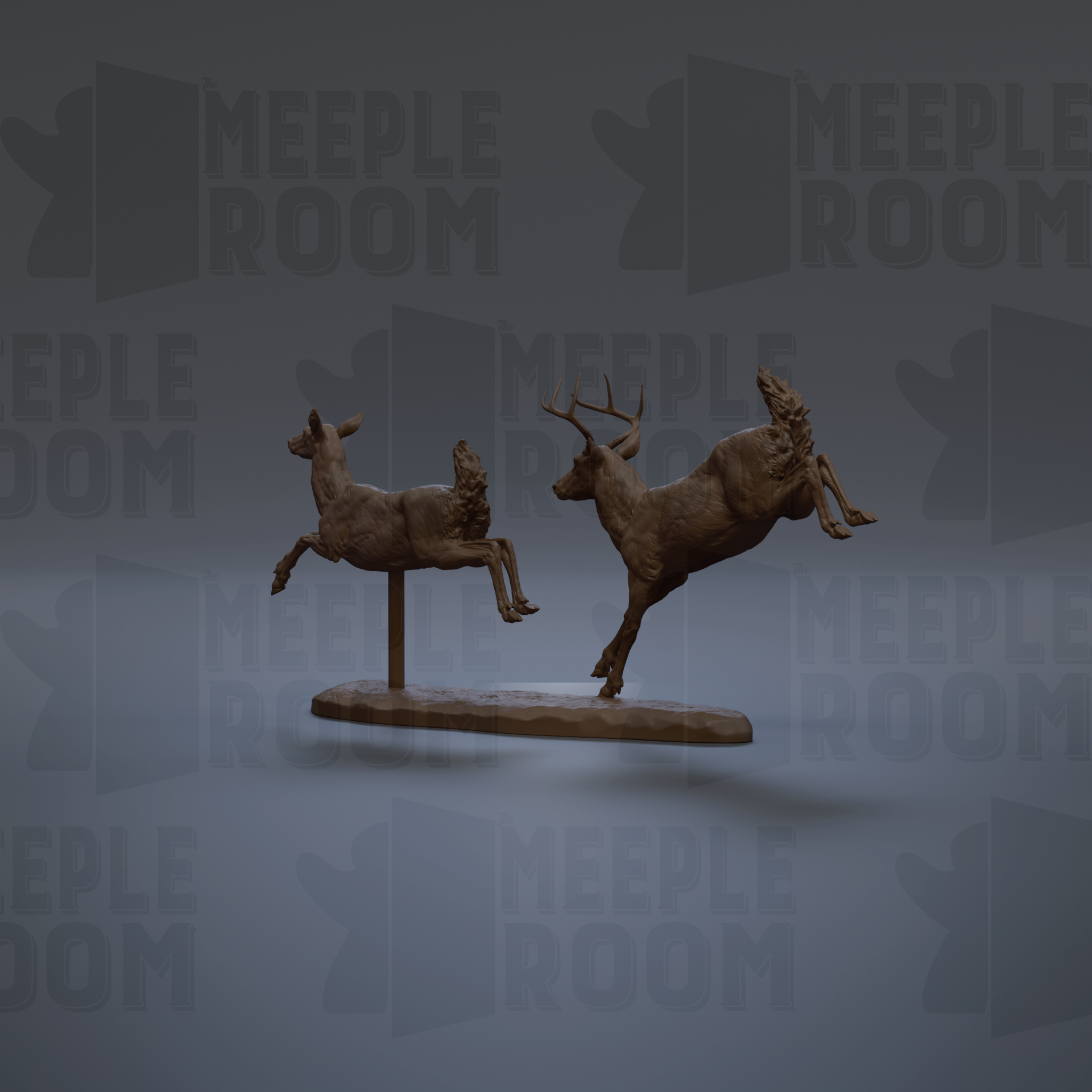 two deer statues, one standing and one in mid-leap, against a gray background with repeated "MEIPLLE ROOM" text.