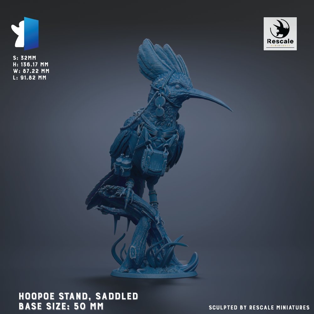 A detailed 3D model of a Hoopoe bird, a mythical creature with a long beak and legs, standing on a saddle. The image is described as a Hoopoe Stand, Saddled Base Size: 50 mm.