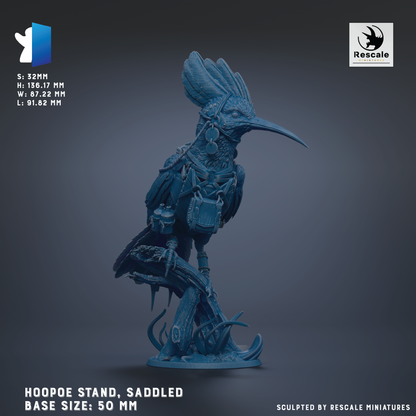 A detailed 3D model of a Hoopoe bird, a mythical creature with a long beak and legs, standing on a saddle. The image is described as a Hoopoe Stand, Saddled Base Size: 50 mm.